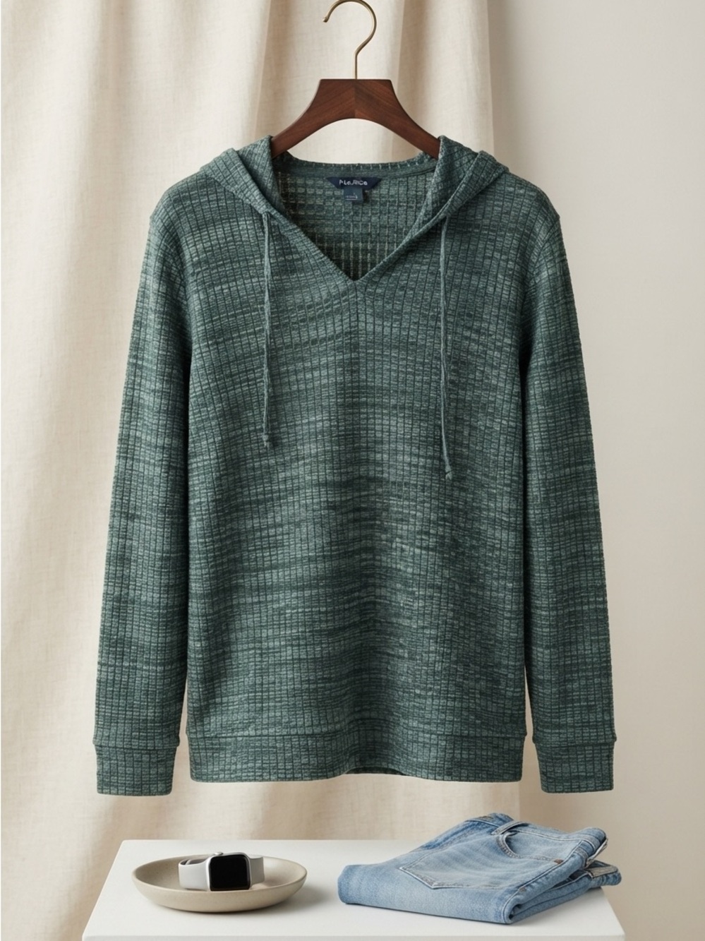 Natural Reflections Green V-Neck Hooded Knit Sweater